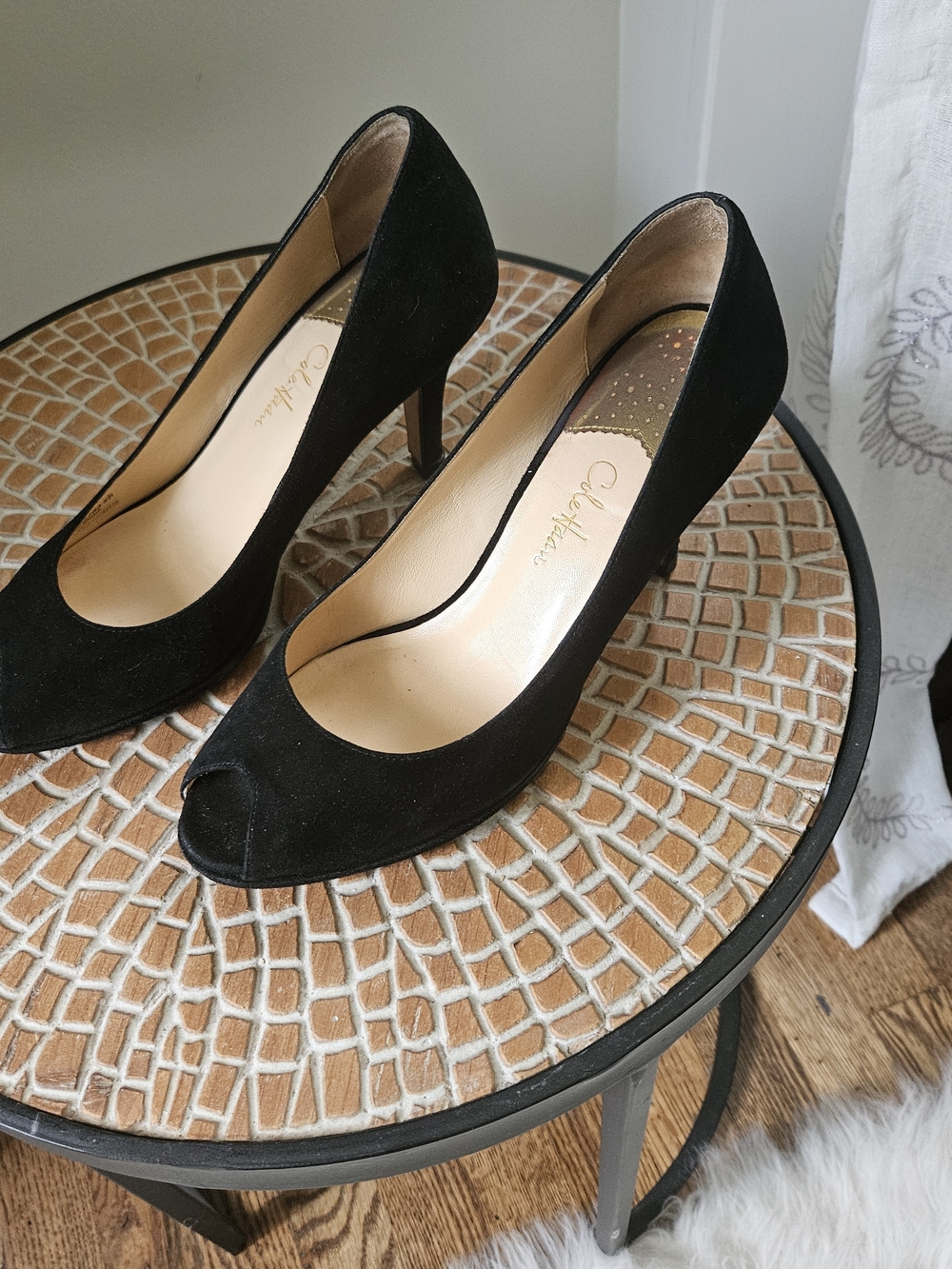 Cole Haan Black Suede Peep-Toe Heels, Size 8